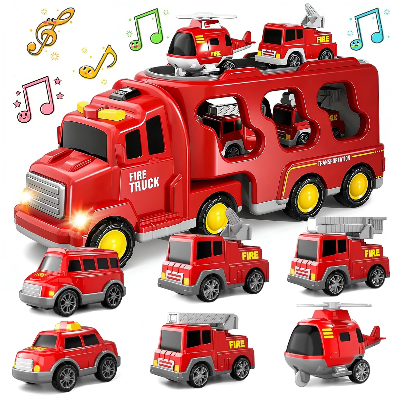 7 en 1 Camion Pompieri Giocattolo, Camion Trasportatore Macchinine con 6 Mini Camions dei Pompieri Camion dei Pompieri ad Inerzia avec Luci e Suoni Regalo per Ragazzi Ragazze di 3 4 5 6 7 anni