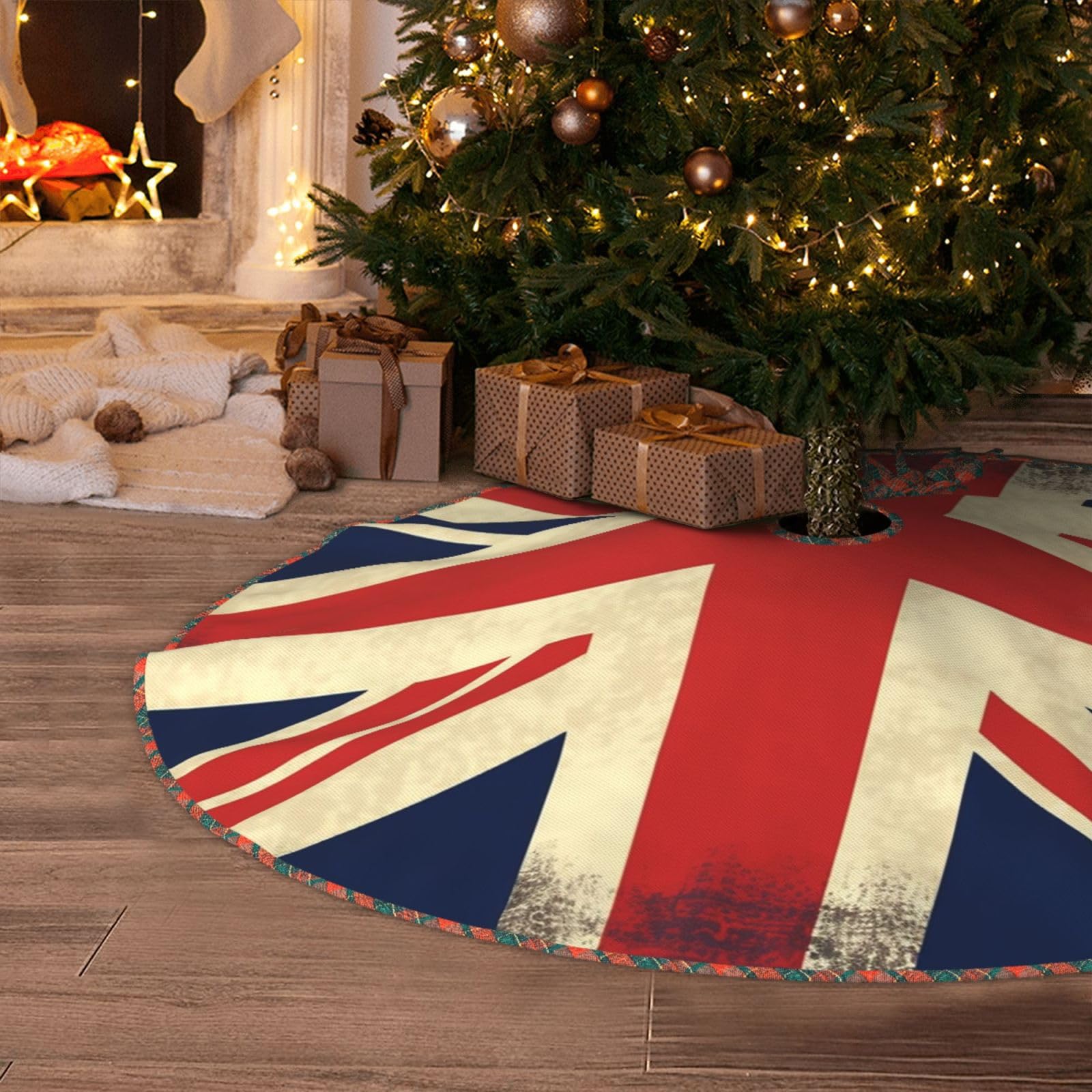 UK Flag Christmas Tree Skirt 30" Artificial Tree Mat Cover Merry Christmas Burlap Xmas Tree Skirt for Christmas Decoration Holiday Indoor Outdoor Winter Party Decor