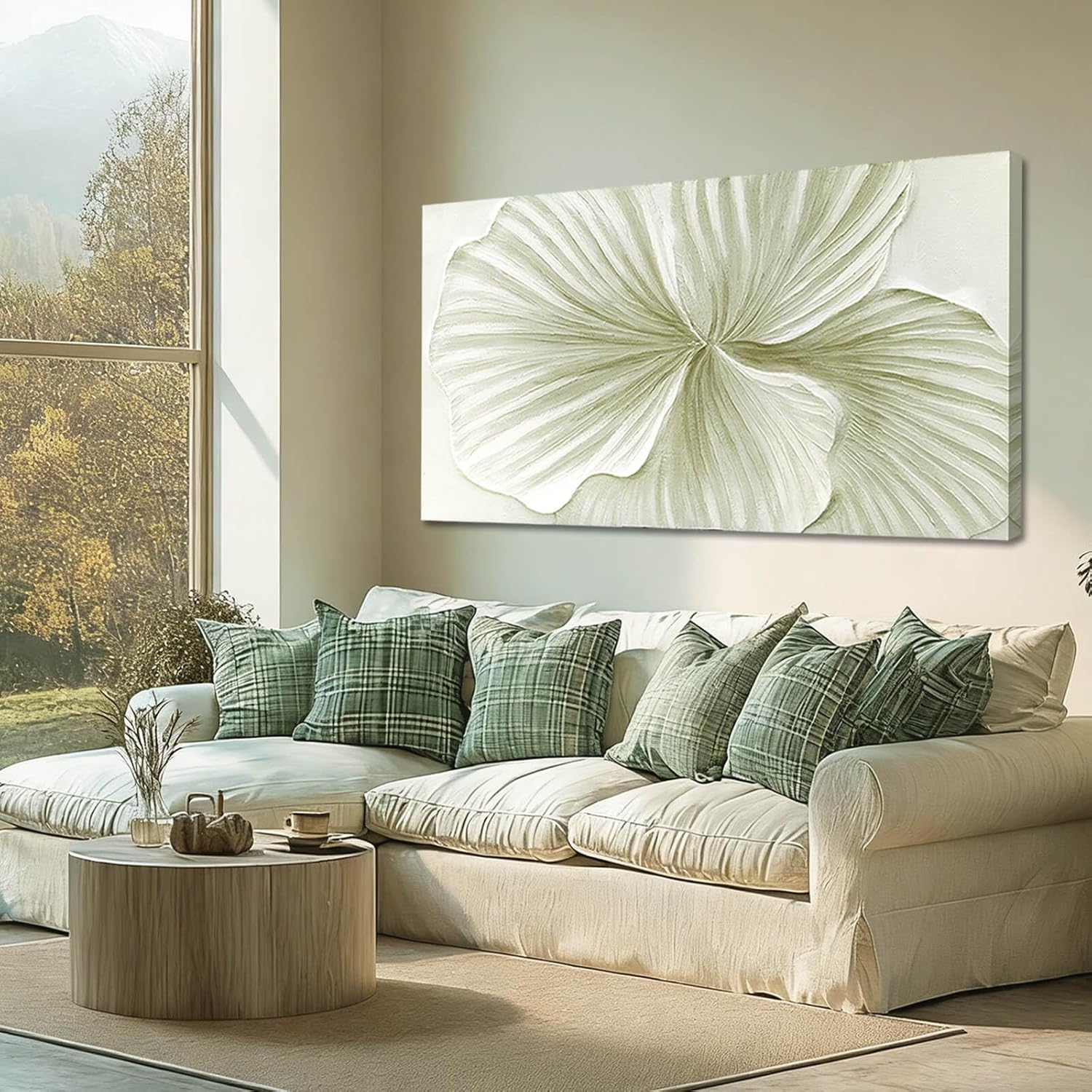 MLART99 Large Green Flower Wall Art Plant Ginkgo Canvas Hand-drawn Painting Modern 29×58 Abstract Botanical Artwork Minimalist Decoration for Living Room Bedroom Office