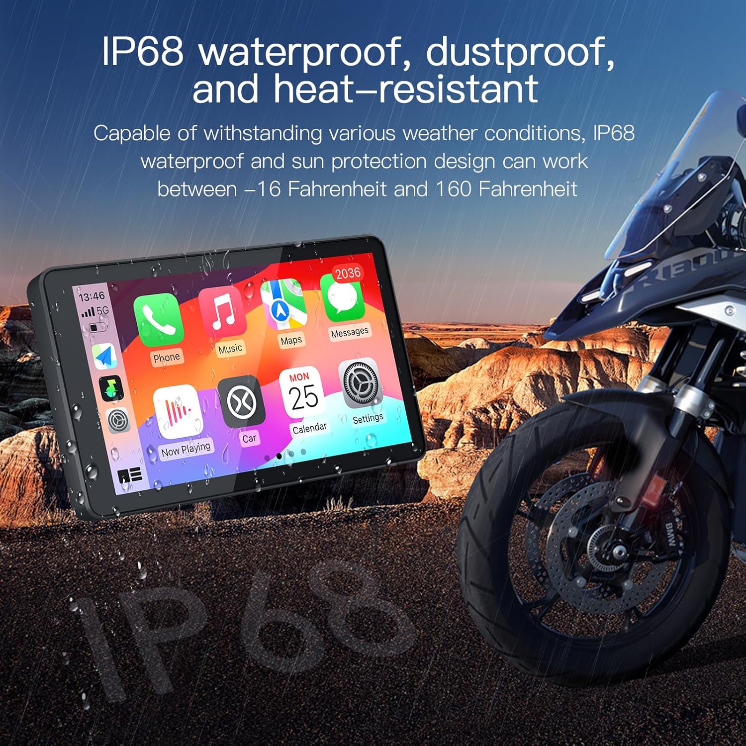 CARABC DB601 mounted on a motorcycle in the rain, highlighting its IP68 waterproof rating