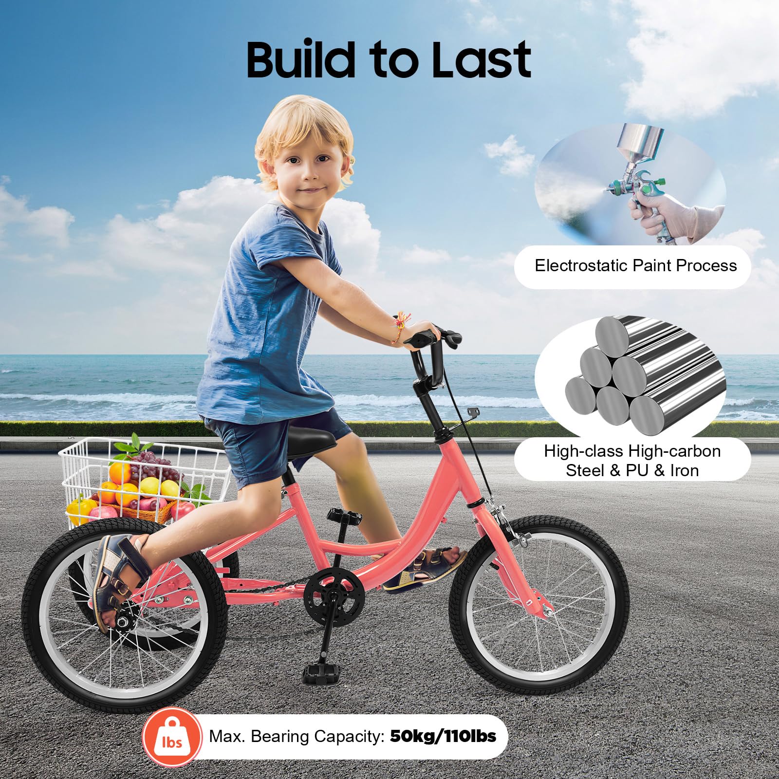 Kinder Dreirad 16 Zoll für 7-10 Jahre – 3-Rad Fahrrad mit großem Korb (33x33x20 cm), verstellbarem Sitz & Lenker, 110 lbs Tragkraft, Klemmbremse, reflektierenden Aufklebern – Hellorange
