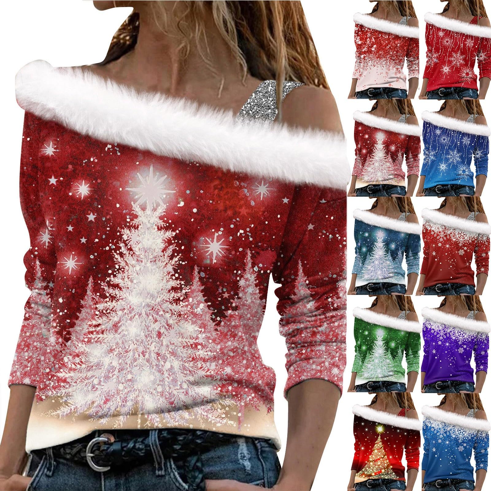 HRMJKSCWomen Fashion Shiny Printing T-Shirt Mesh Bell Long Sleeve Off Shoulder Hair Splice Glitter Blouse Party Loose Top