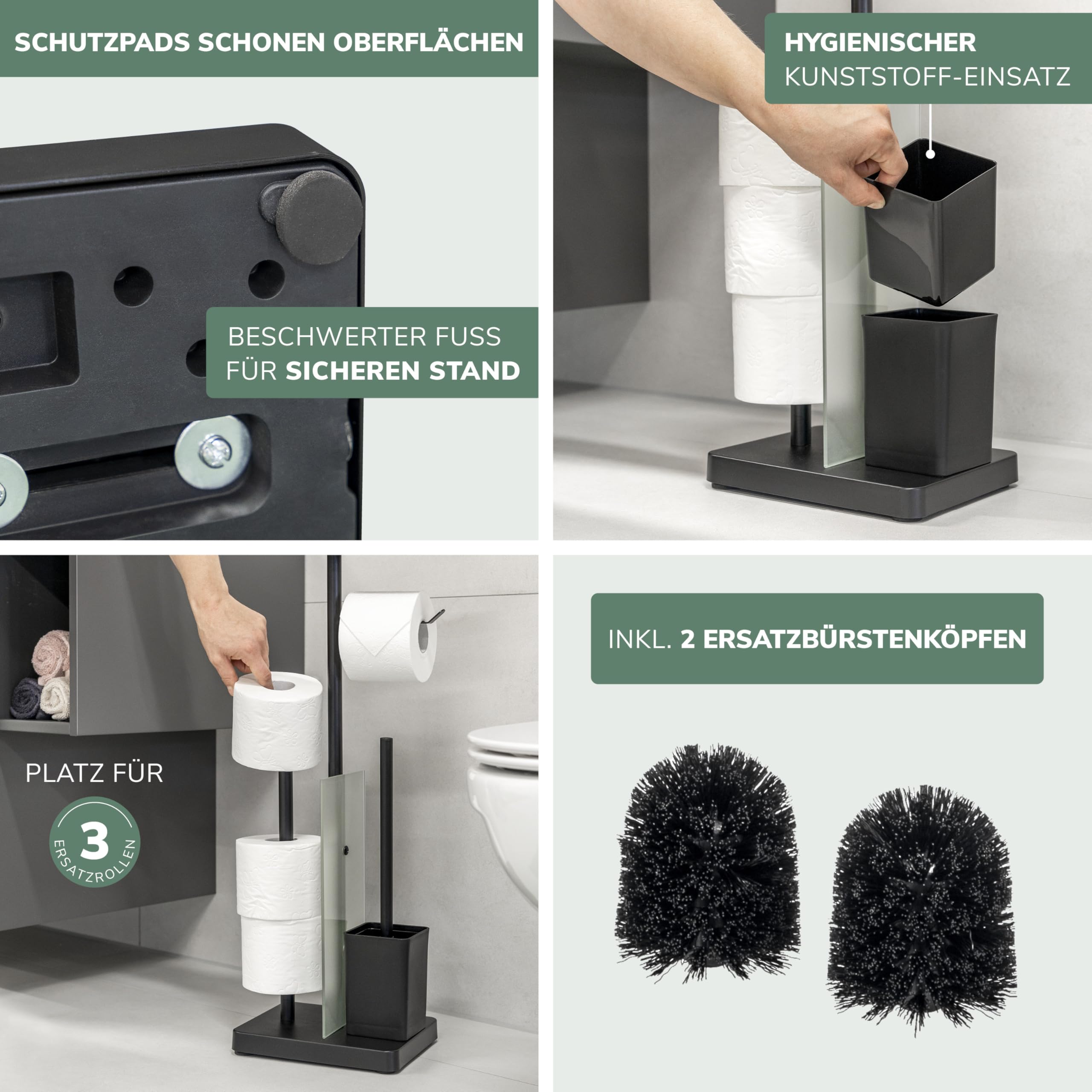 eluno Set WC 4 in 1, set WC autoportante con scopino per WC, 2 testine di ricambio, portarotolo per 3 ruote, ripiano, vetro satinato e metallo (nero), 91159-V