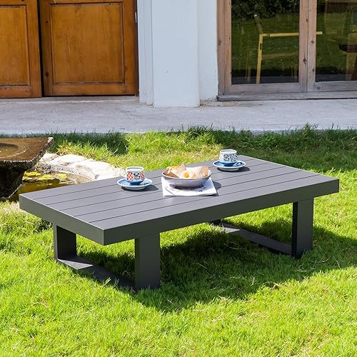 Miniatura 2 de Mesa de centro al aire libre para patio, mesa de centro rectangular de aluminio resistente a la intemperie, gris oscuro