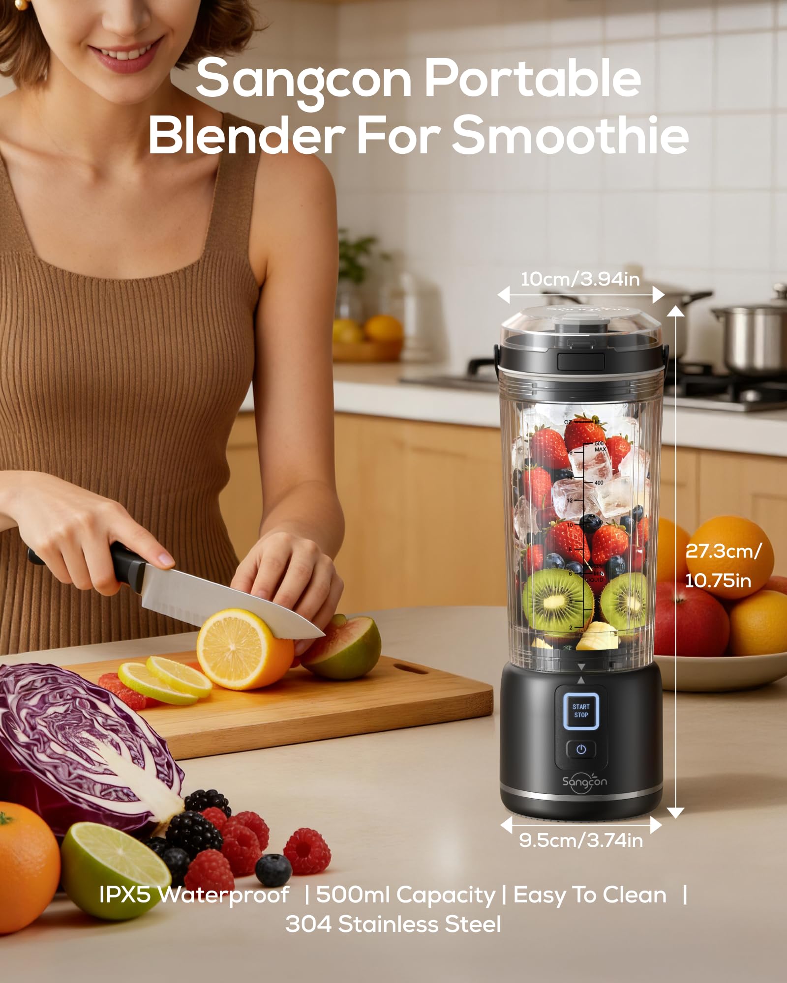 Sangcon Blender Portable 500ml, Mixeur Smoothie USB Rechargeable, Mini Blender pour Fitness, Bureau & Voyage, Blender Personnel 6 Lames & 2 Modes, Mixe Glace & Fruits Surgelés, Noir