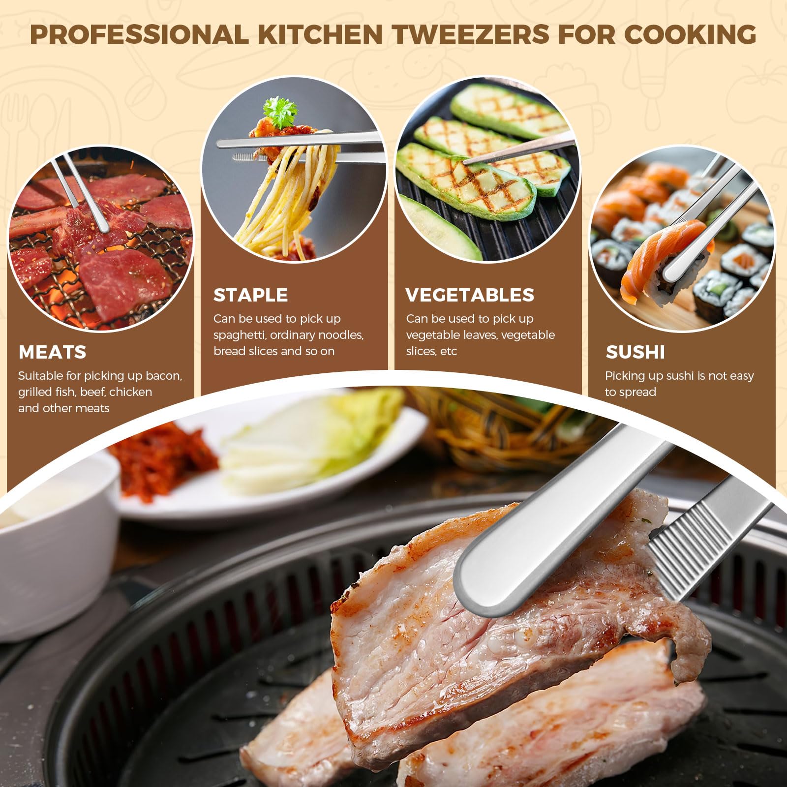 12-Inch Kitchen Tweezers for Cooking, 2 Pcs Tweezer Tongs for Cooking - Stainless Steel Cooking Tweezers for BBQ, Plating, Serving, Pasta & Salad - Premium Tongs for Cooking with Non-Slip Grip - Image 3