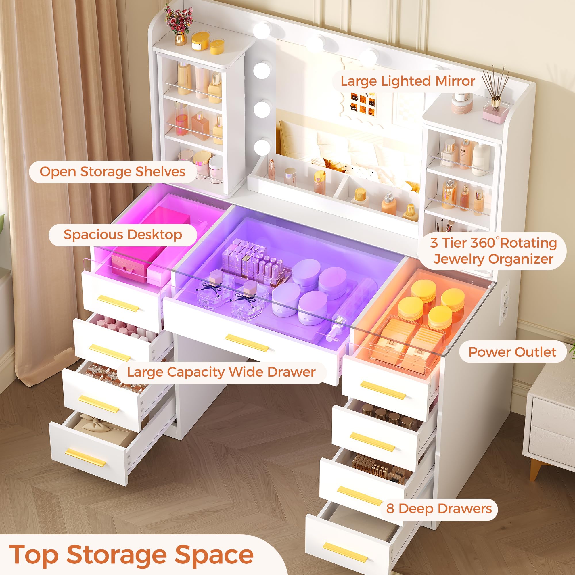 Tocador de Maquillaje con Organizador de Joyas Giratorio de 360° | Luces LED, Mesa de Maquillaje con Tablero de Vidrio,9 Cajones RGB,8 Estantes, Tocador con Enchufes Moderno Blanco EXFST005W