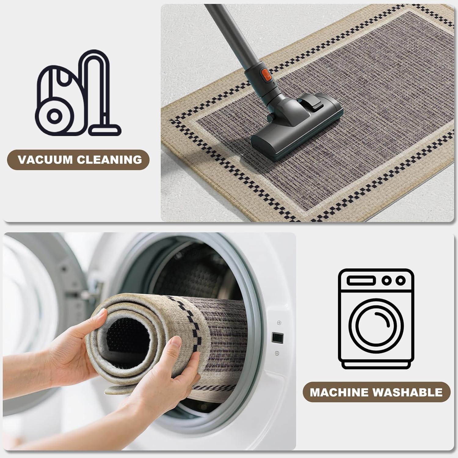 2-Piece Kitchen Floor Rugs - Non Slip Machine Washable Mats 20”x31.5” & 20”x59 Soft Absorbent Polyester, Light Blue Purple & Beige - Checkered Border Design for Sink Counter Laundry Hallway