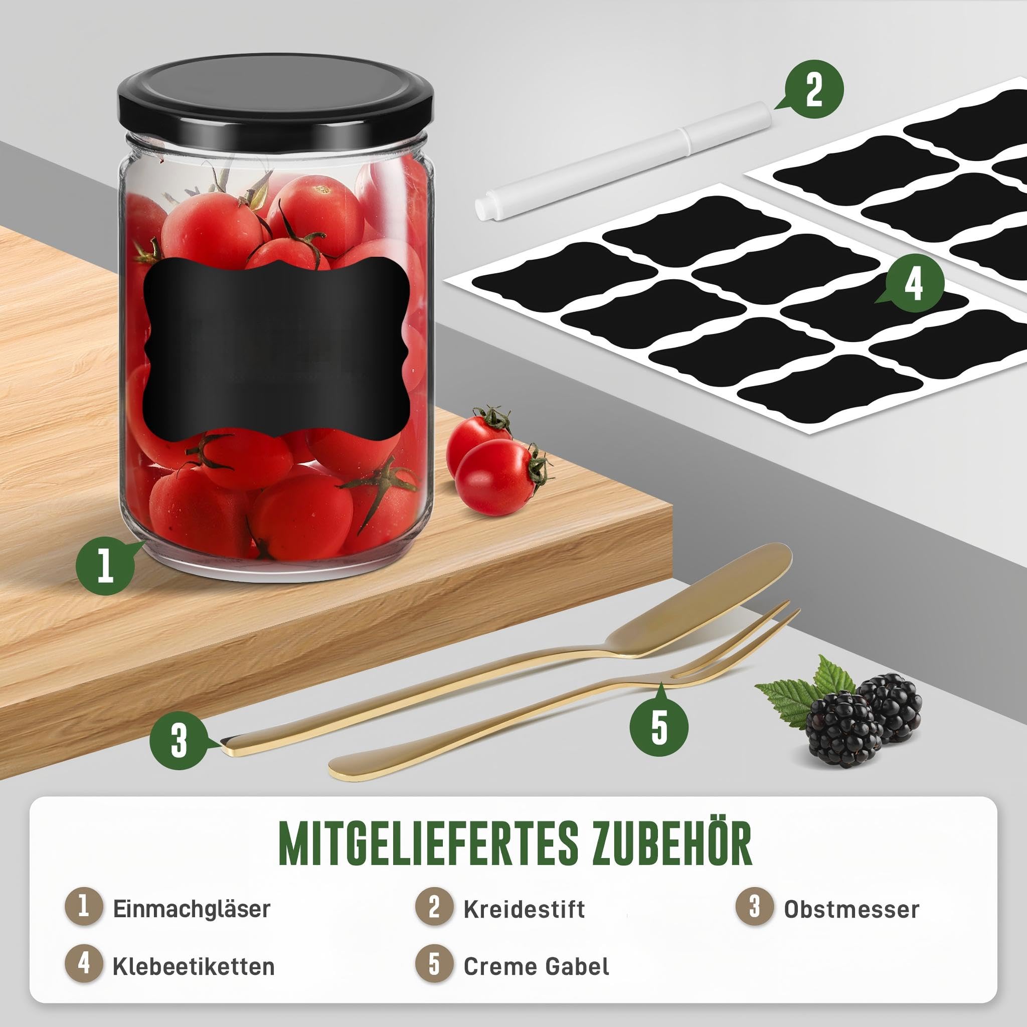 YRHome 350 ML con coperchio, barattoli per marmellata, 24 pezzi, con etichette, penna, spatola, per conservare alimenti, fai da te, regali, decorazioni nere