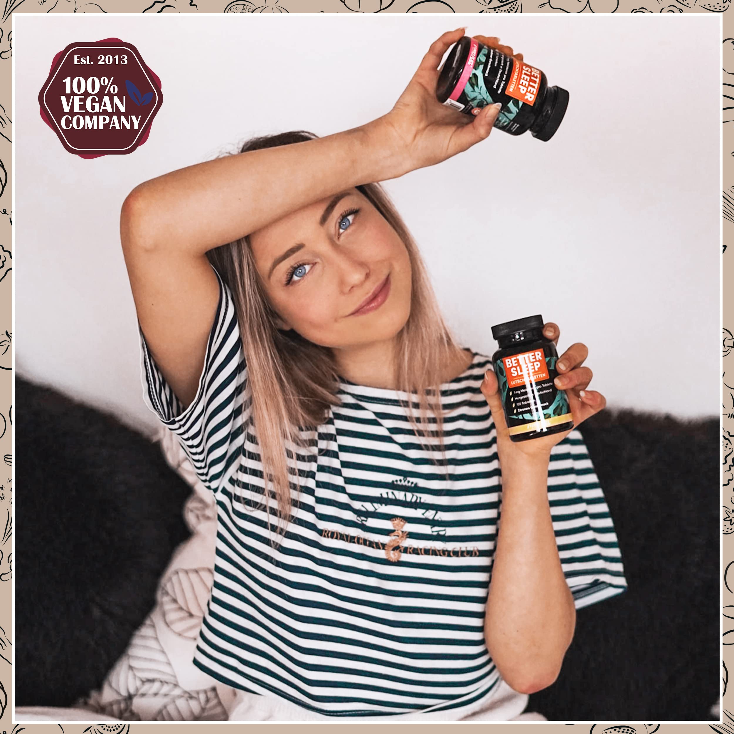 Melatonin Lutschtabletten 120x - leckerer Kirsch-Geschmack - optimal hochdosiert - mit bioaktivem Melatonin, L-Theanin, Glycin und Vitamin B6 - zuckerfrei gesüßt, 100% vegan - Vorrat für 8 Monate