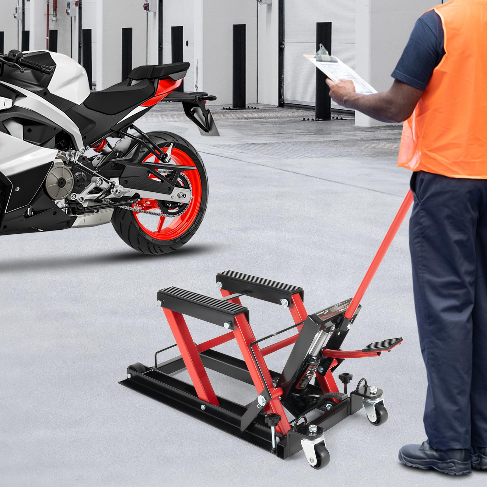 Plataforma elevadora para motocicleta, soporte de montaje hidráulico, 1500 libras, capacidad de carga de 115-365 mm, altura de elevación, gato hidráulico con pedal, bloqueo de seguridad para