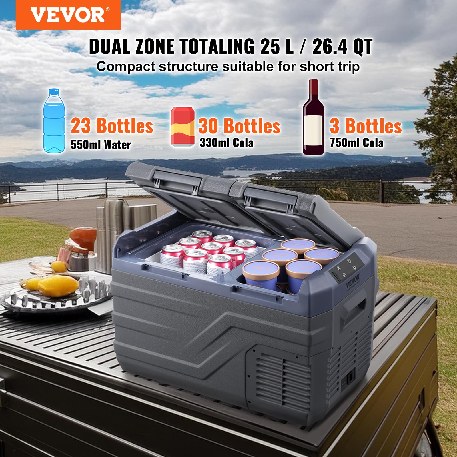 VEVOR NLS35, 12 Volt Car Refrigerator Fridge, 25Liter(26.4qt) Dual Zone Portable Freezer, -4?-68? Adjustable Range, 12/24V DC and 100-240V AC Compressor Cooler for Outdoor, Camping, RV, Grey