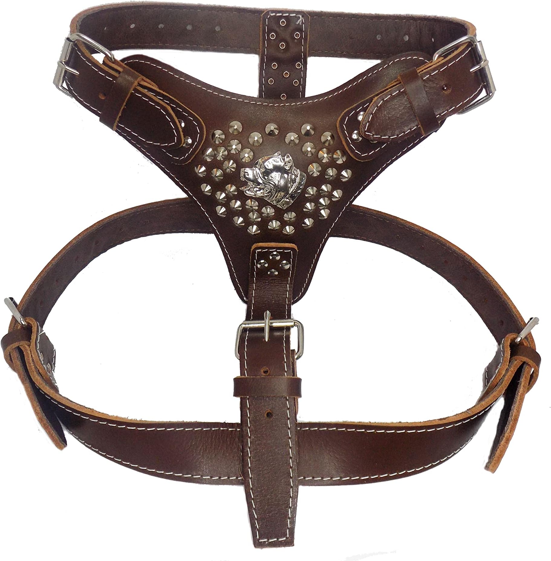 M&D Extra Large Heavy Duty Brown Leather Dog Harness with Studded Design and American Bully Head Motif