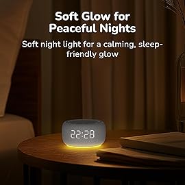 Buffbee Alarm Clock with Sound Machine for Bedrooms - 2-in-1 White Noise Machine for Sleep, Gentle Wake-Up with Soft Alarm Sounds, Ambient Night Light, Plug-in, Sleep Better, Wake Gently