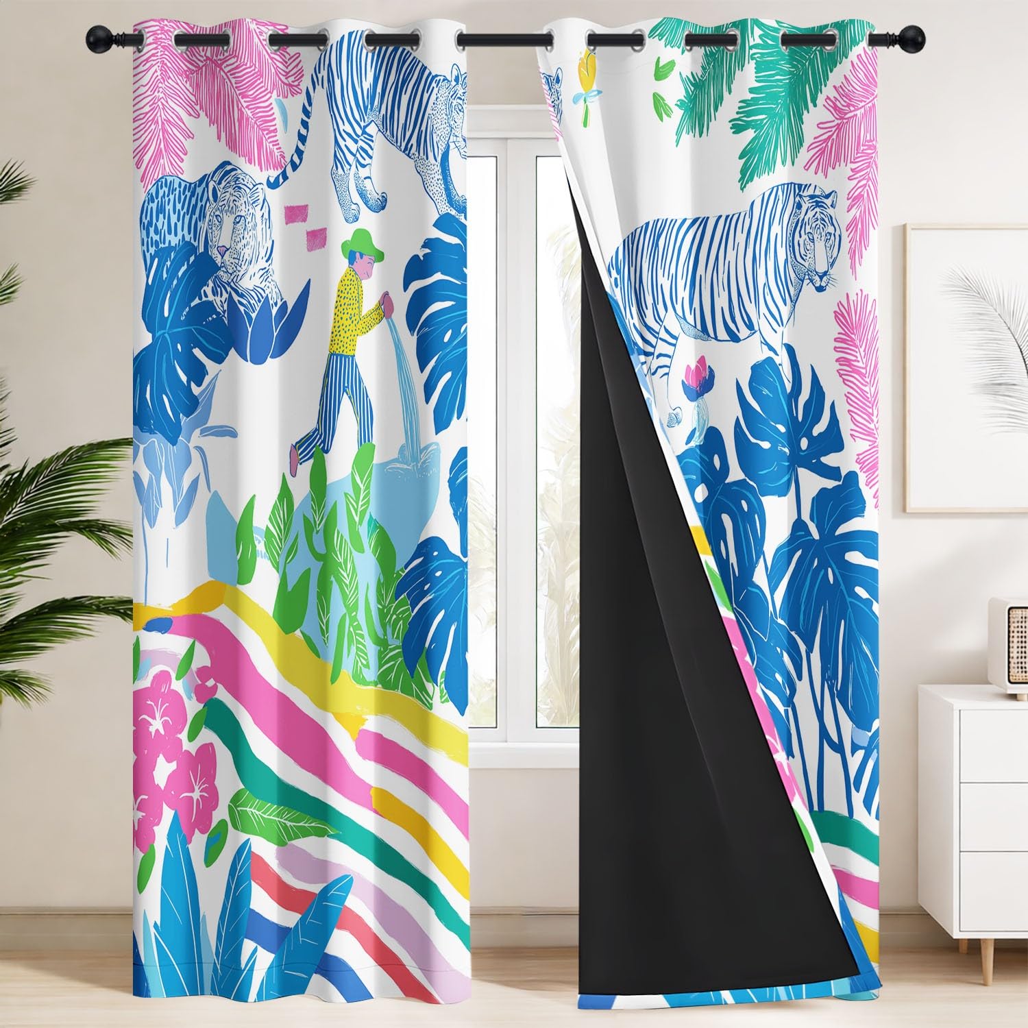 Generisch Tiger Gärtner Pflanzen Blickdichte Gardinen Boho Tropisch Ösenvorhänge Thermo Vorhang Schlafzimmer Wohnzimmer Kinder Verdunklungsvorhänge 2er Set B 91.5 x H 214 cm