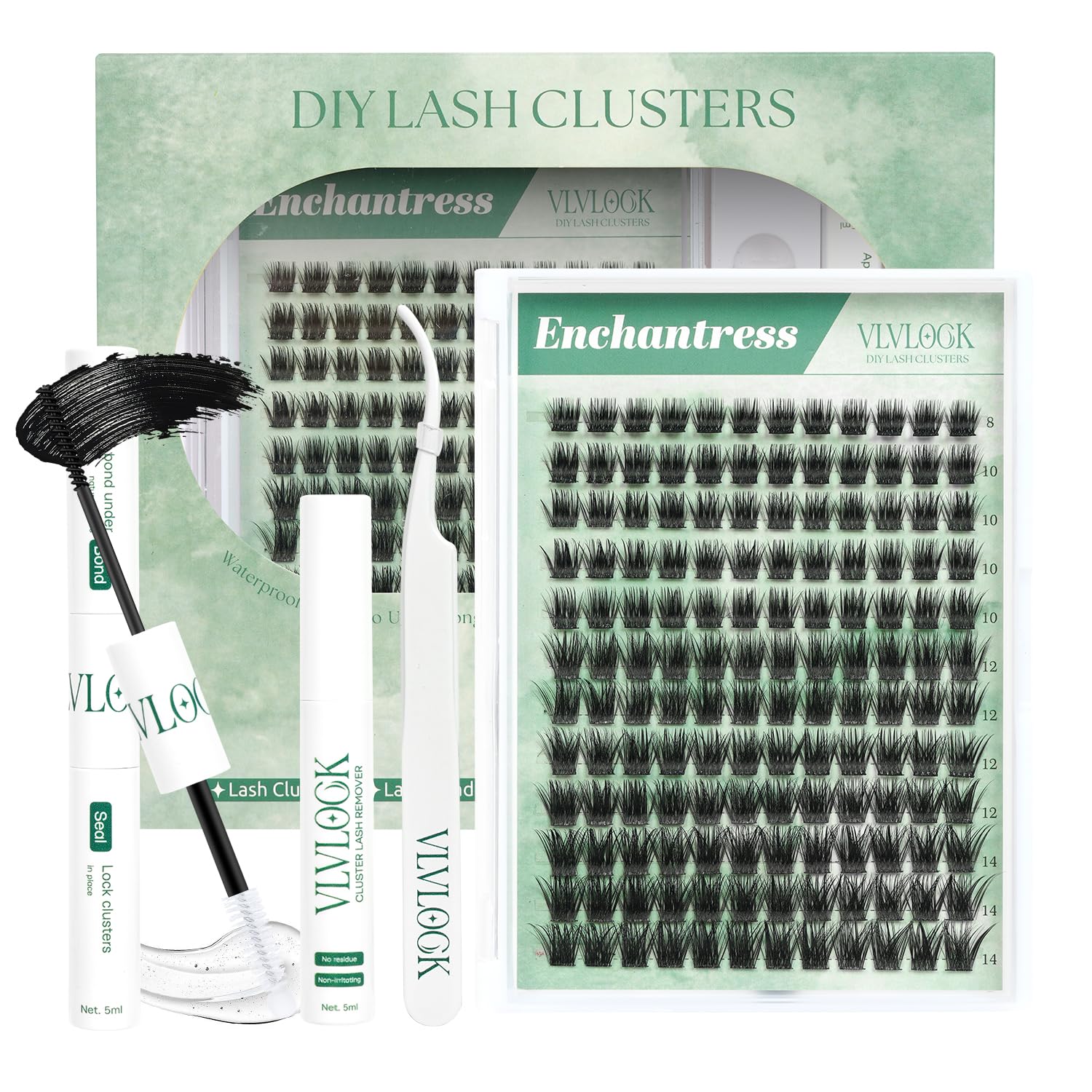 VLVLOCK Enchantress Lash Clusters Kit Short Lashes Clusters 8-14MM DIY Lash Extensions Kit Waterproof Long-Lasting with Ultra-Thin Band Glue Remover Tweezer for Beginners(Enchantress Short Kit 8-14mm) - 2
