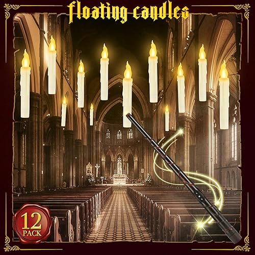 Halloween Decorations - Floating Candles with Wand, 12 Pcs Flameless Candles with Warm Light Flickering, Witch Wizard Christmas Decor for Indoor