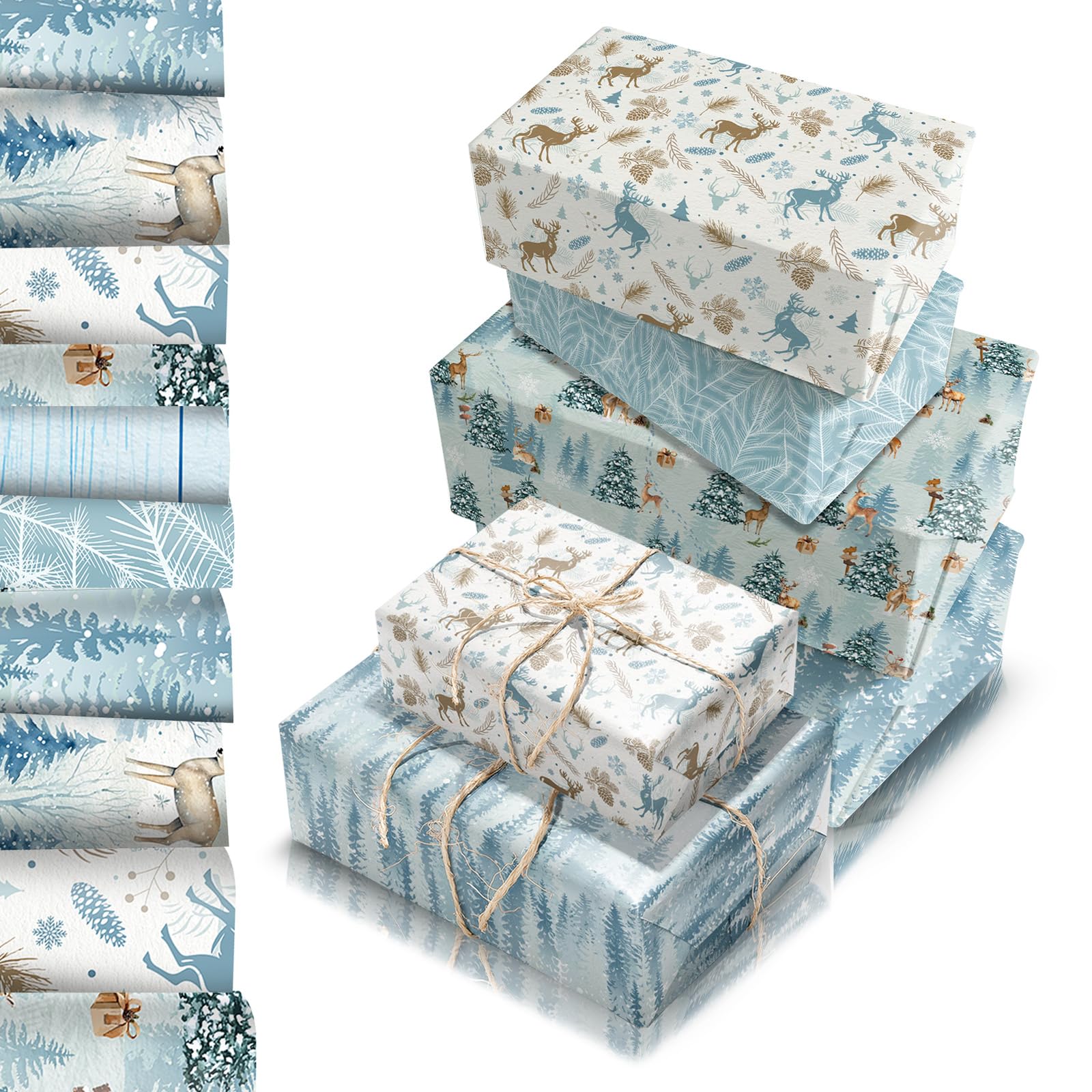 Christmas Wrapping Paper Sheets 68x50cm,12 Sheets Watercolor Forest Tree Elk Xmas Gift Wrapping Paper,Recyclable Pink Christmas Wrapper for Winter Party,Birthday,Festive,Xmas Gift Boxes Decorations