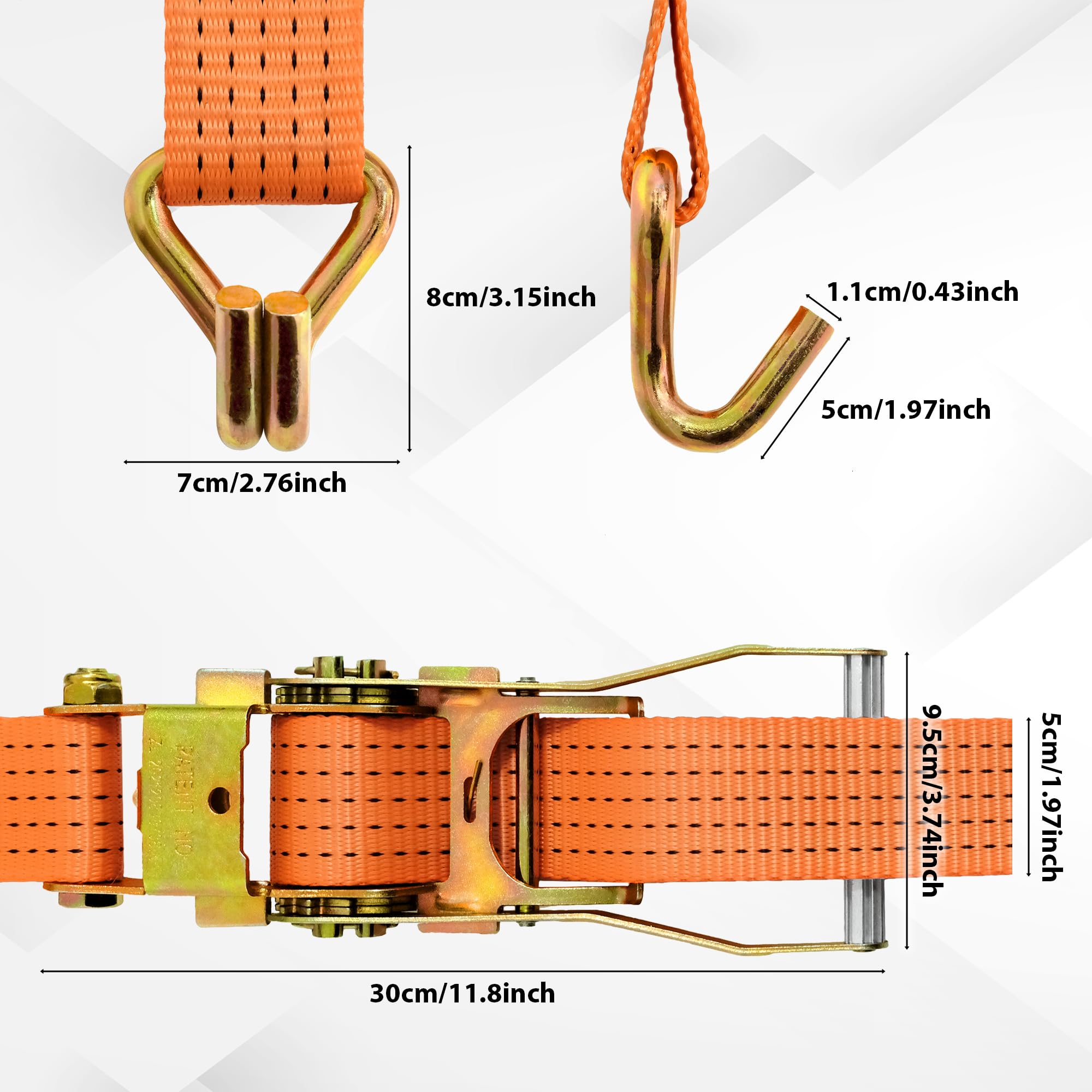 Confezione da 4 cinghie a cricchetto da 5,1 cm x 5,1 m, doppio gancio a J, resistenti, resistenza alla rottura di 2.268 kg, cinghie standard a cricchetto per furgoni, camion, rimorchi, colore