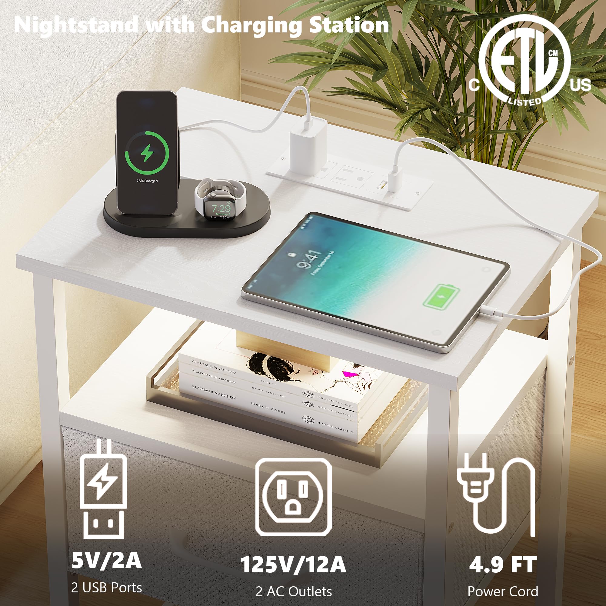 TRIFEBLE Night Stand Set 2, End Table with Charging Station, LED Bedside Table with Fabric Drawer for Bedroom, 3-Tier Side Table with Open Shelf, Black: 2 White