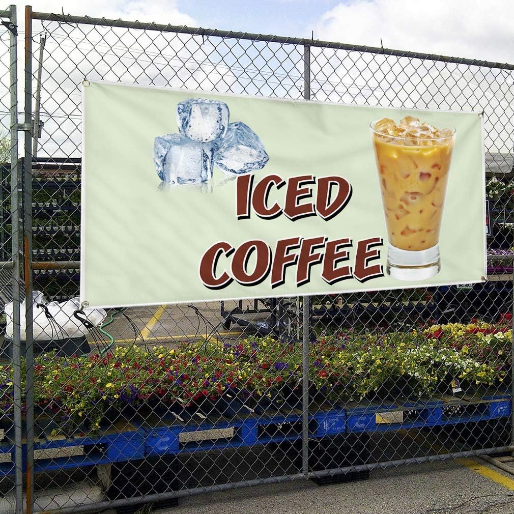 Vinyl Banner Multiple Sizes Iced Coffee Restaurant Cafe Bar D Restaurant & Food Outdoor Weatherproof Industrial Yard Signs White 4 Grommets 24x36Inches