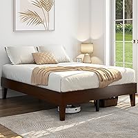 Vista 3 de Yaheetech Base de cama matrimonial con plataforma de madera maciza natural con soporte de listones de madera, espacio debajo de la cama de 12 Nogal