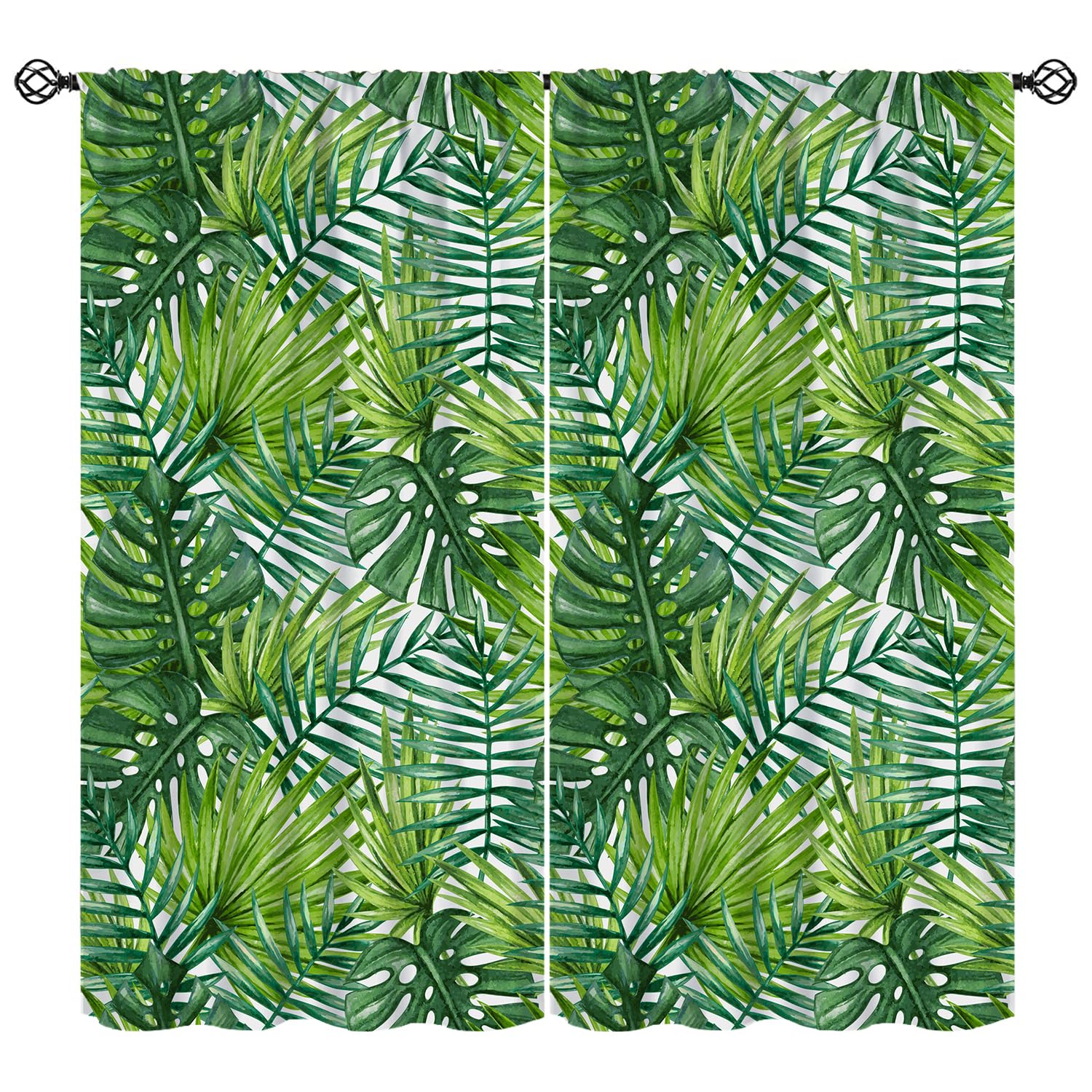KANEPE Leaves Curtains, Watercolor Tropical Green Palm Leaves Print Blackout Window Treatments, Rod Pocket Thermal Insulated Drapes 2 Panels Set for Bedroom Living Room Kitchen, 55