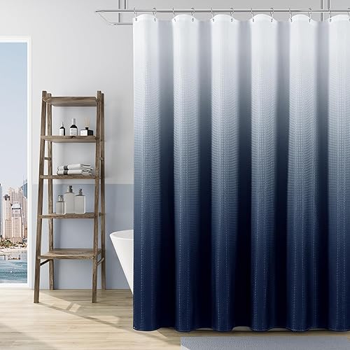 Naturoom Cortina de ducha azul marino, moderna, azul y blanco, cortinas de baño para baño, cortinas de color azul marino, tela texturizada de gofre,