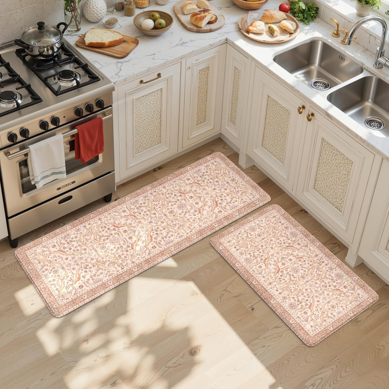 KIMODE Anti Fatigue Kitchen Mats for Floor, Boho Distressed Blue Kitchen Rugs Sets of 2, Padded Kitchen Floor Mats Non Slip, Cushioned Standing Mats for Sink, Laundry, Desk 17