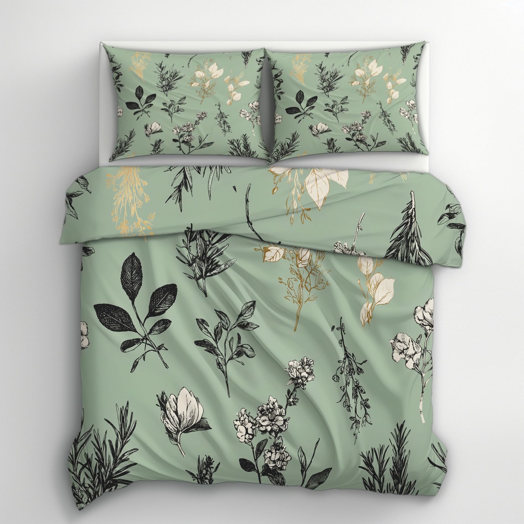 Generisch Landhausstil Bettwäsche 135x200 2er Set Deckenbezug, Geschenk | Salbeigrün Pflanzen Blumen Muster, Bettbezug Set, Bügelfreie, Reißverschluss, Kissenbezug, Wendebettwäsche Landhausstil Deko