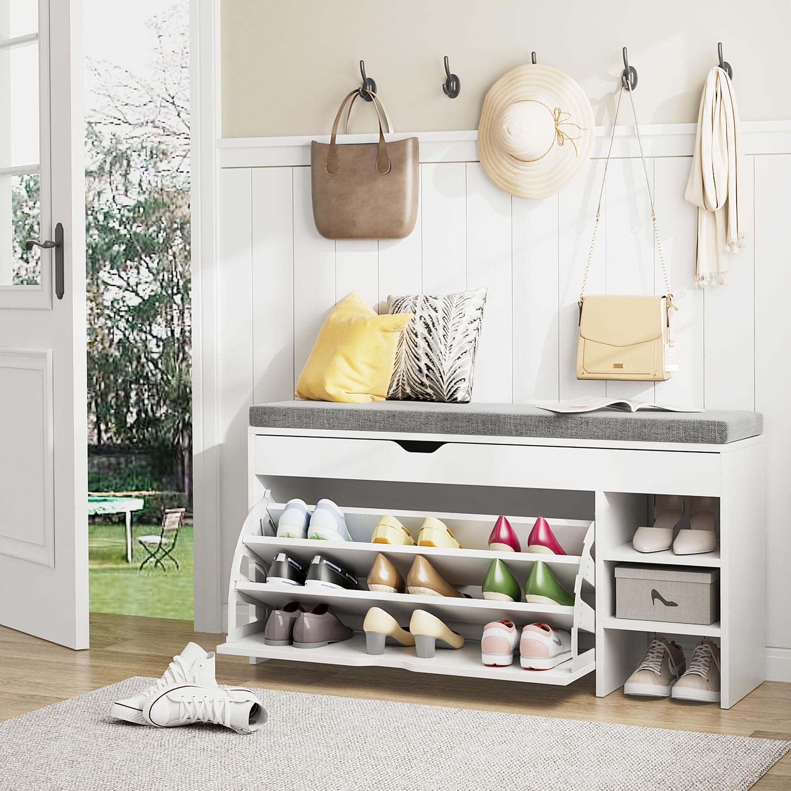 VOWNER Scarpiera Salvaspazio, Scarpiera Ingresso Slim, Panca da Ingresso, Regolabili, Con Scomparti, 100 x 30 x 55 cm, Bianco