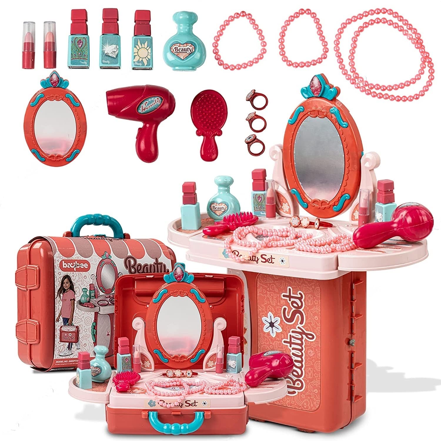 E-ROYAL SHOP® 3 in 1 Beauty Set for Kids Girls Learning Educational Make Up Suitcase Kit with Makeup Accessories Pretend Play Set Portable Suitcase Toy Gift for Girls (Pink) - Image 2 thumbnail