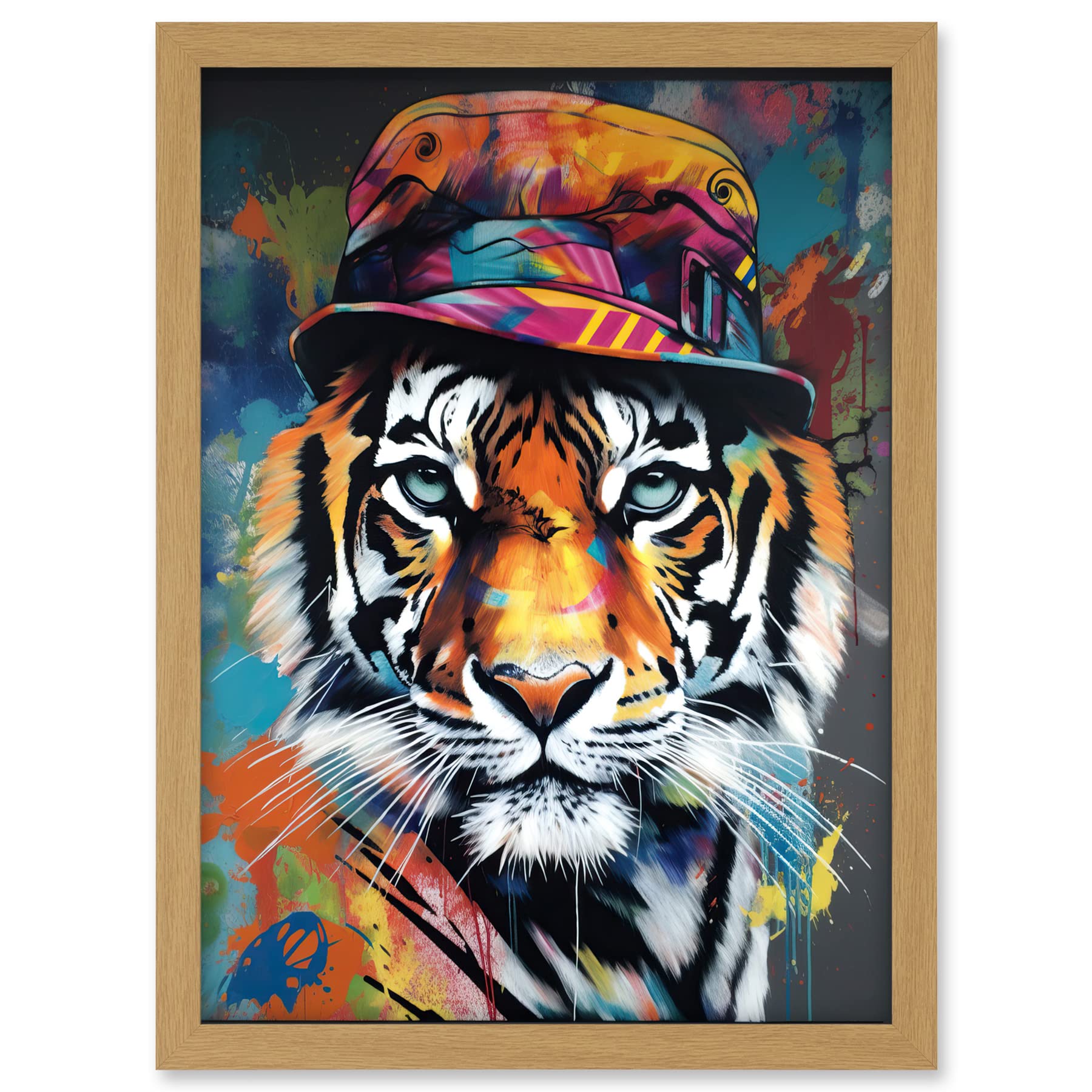 Artery8 Tiger Wearing a Bucket Hat Vibrant Multicoloured Artwork Framed A3 Wall Art Print