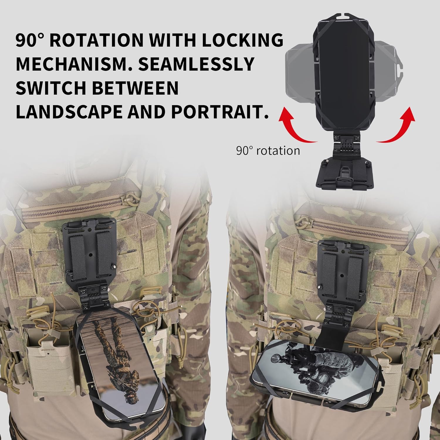 Tactical MOLLE Phone Holder, Plate Carrier Phone Mount with 90° Adjustable Rotation for 4.7" - 7.8" Phones, Compatible with Tactical Vest and Chest Rig