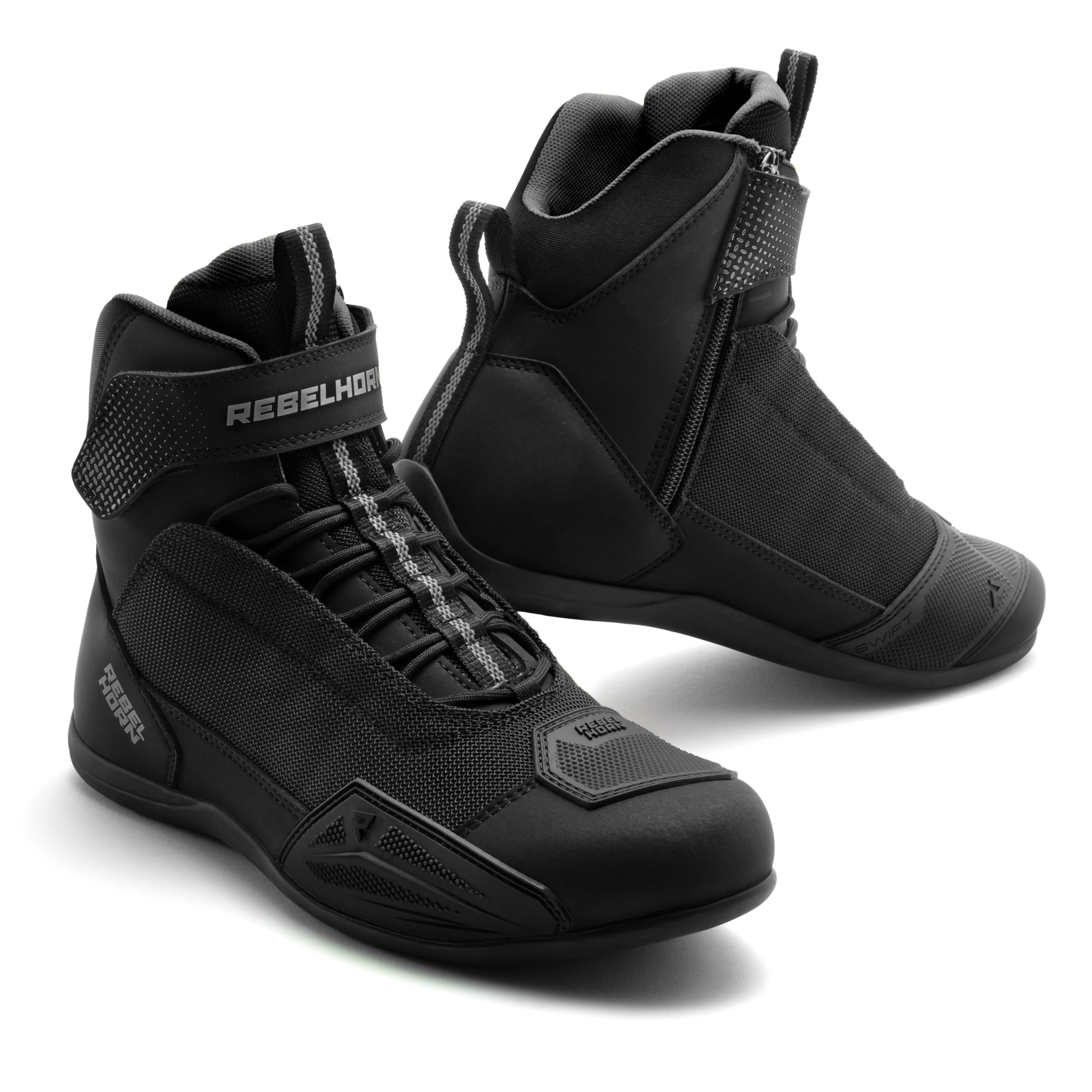 REBELHORN Swift Buty motocyklowe damskie i męskie | Skóra PU | Długi zamek błyskawiczny | Ochraniacze kostek | Wzmocnione palce | Siatkowe panele wentylacyjne | rozmiary do 48