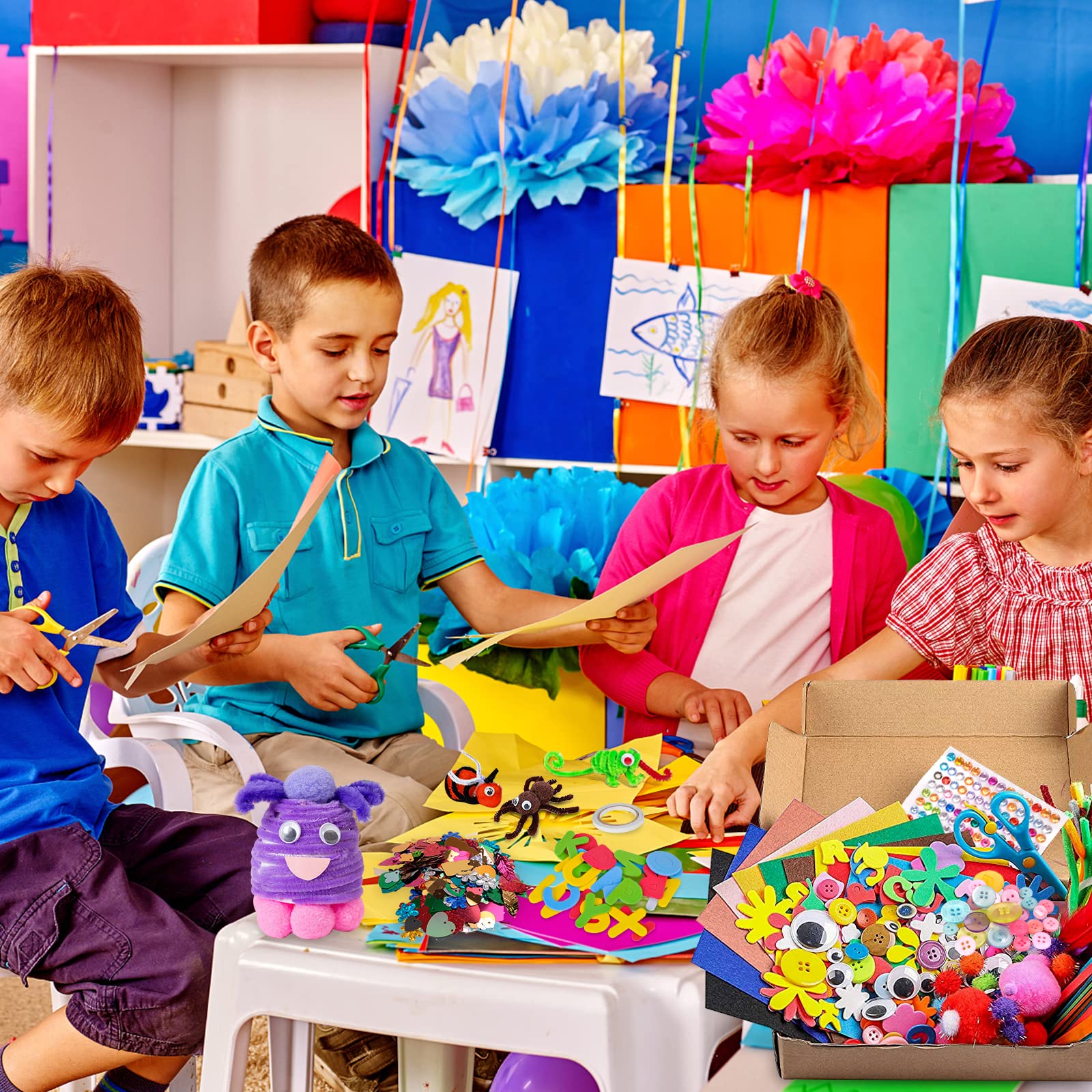 Kit Créatif Enfant Pompons – Activité Manuelle 12 Modèles + 6 Couleurs Boules Peluche + Colle – Bricolage Pour Enfants 3 à 8 Ans Et Plus