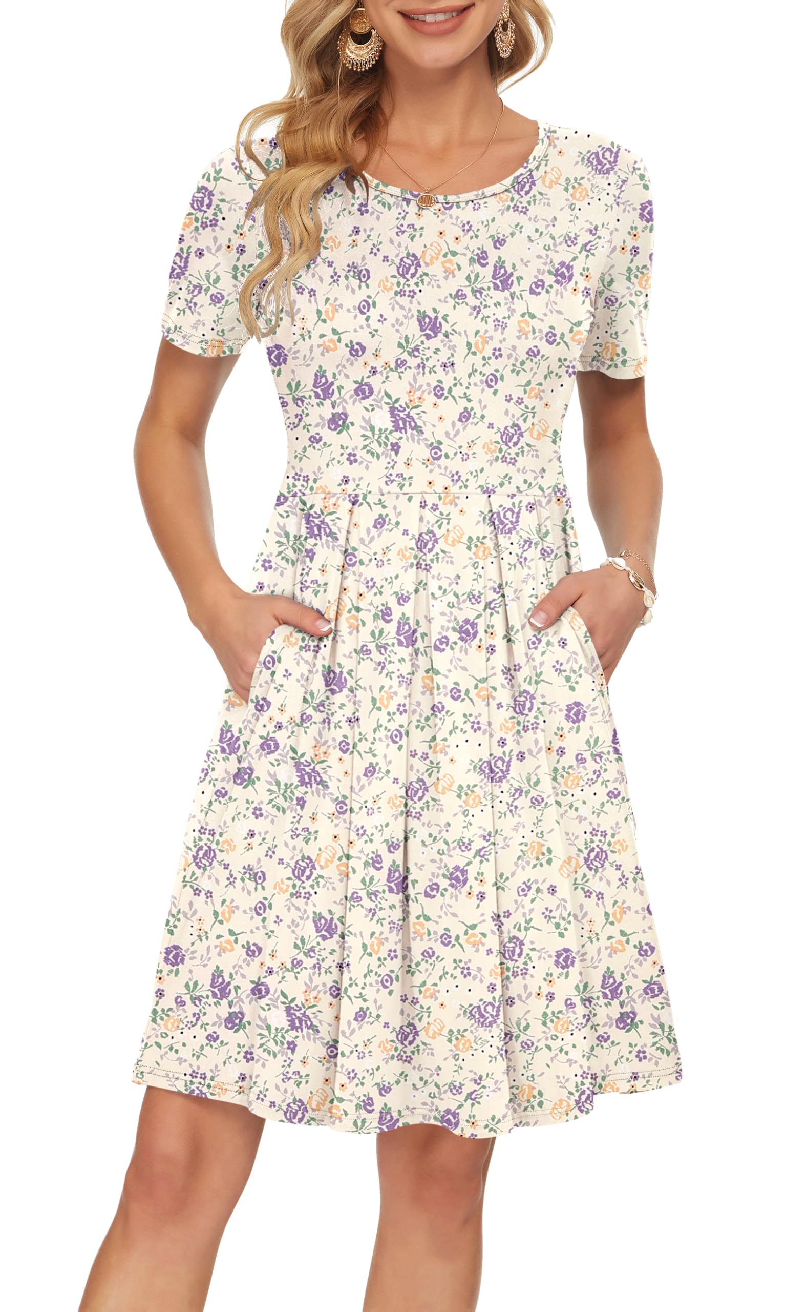 AUSELILY Women's Short Sleeve Pleated Swing Summer Dress with Pockets
