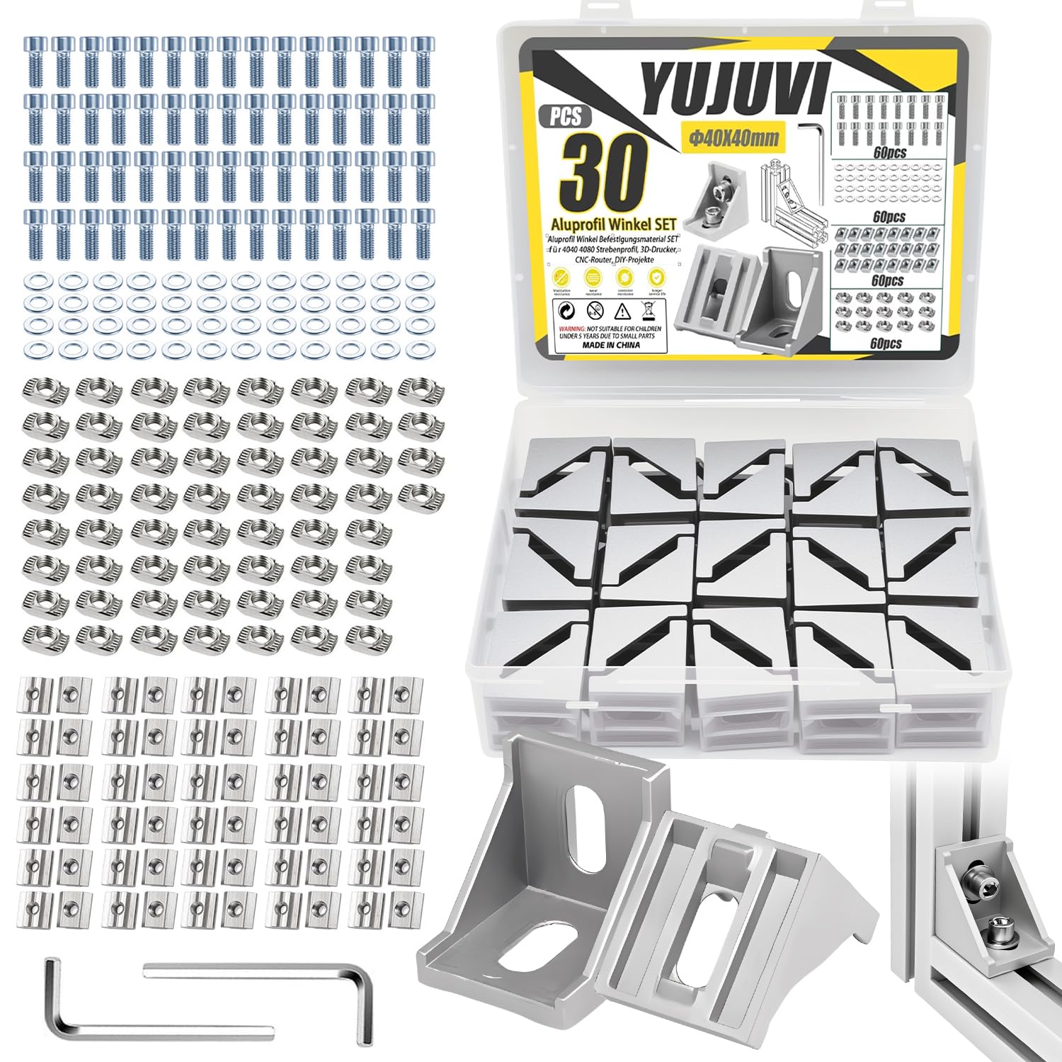 YUJUVI 30 STK Aluprofil Winkel Befestigungsmaterial Alu Profil 40x40 Winkelverbinder Eckwinkel Eckverbinder 90 Grad Alu Winkel für 4040 4080 Strebenprofil, 3D-Drucker, CNC-Router, DIY-Projekte