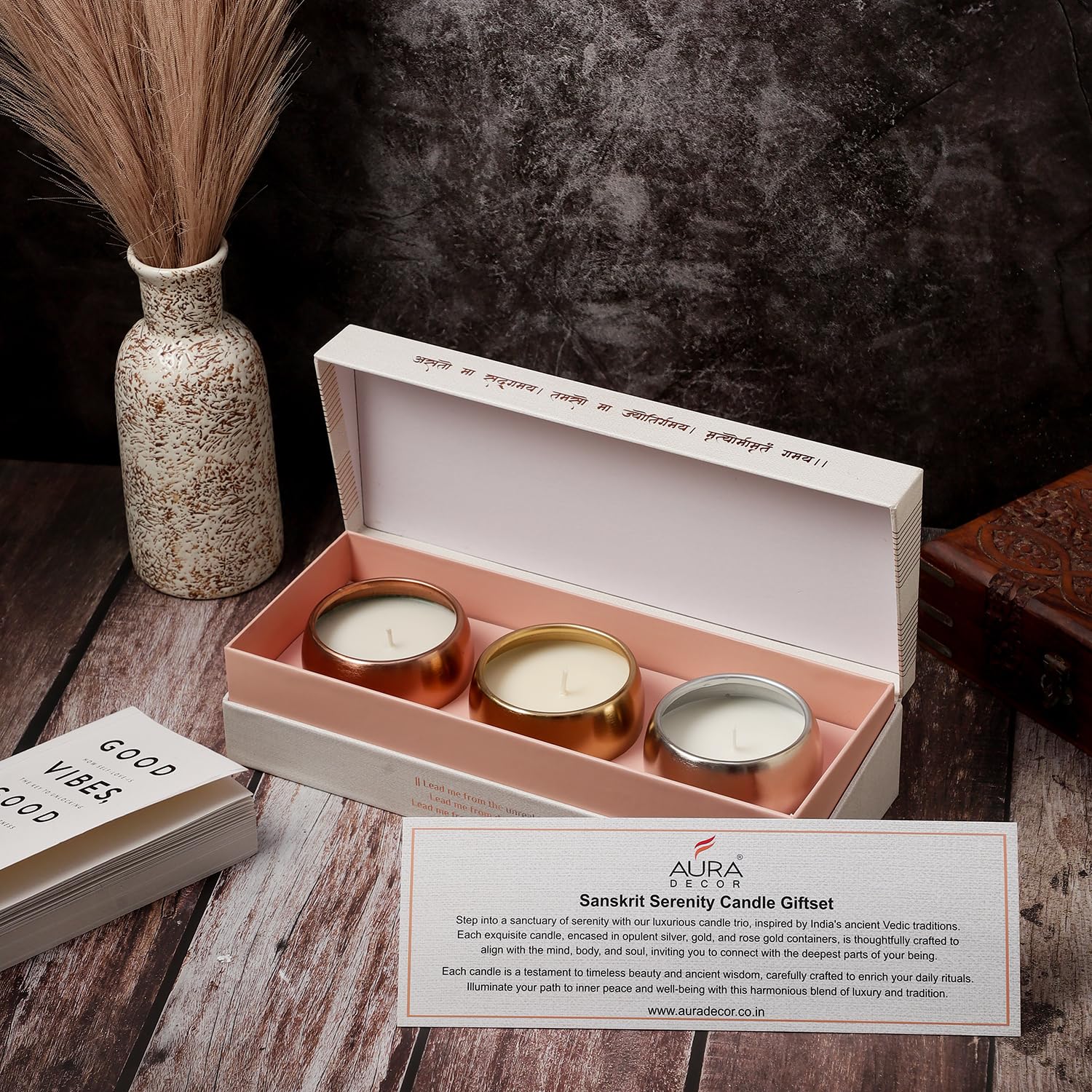 Auradecor Sanskrit Serenity Candle Gift Set Organic Luxry Aroma Candle Set for Diwali, HomeDecor, & Gifting (Set of 3)