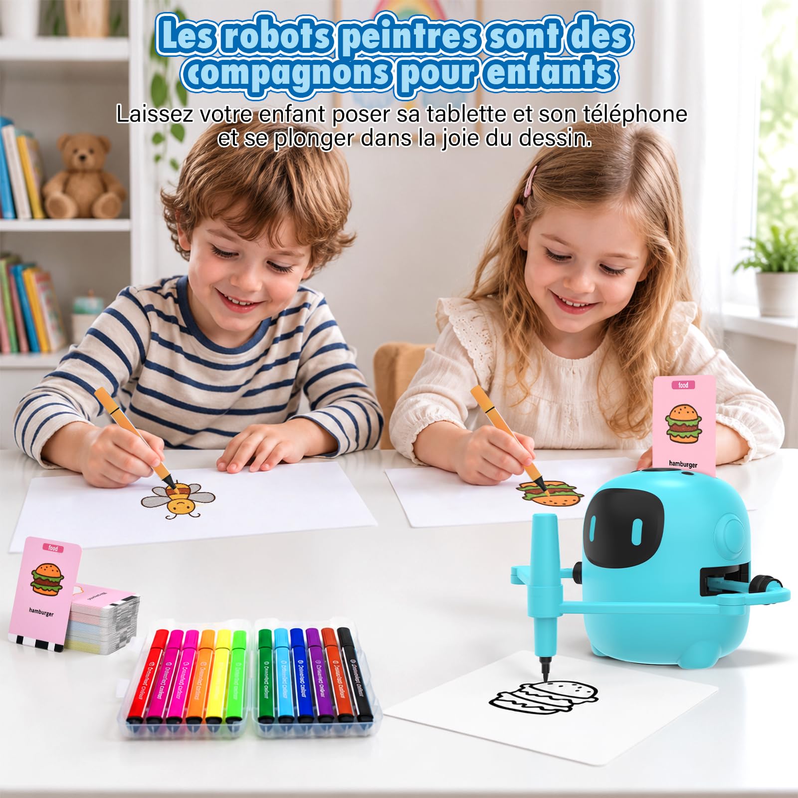 Robot Dessinateur Enfant, Robot de Dessin pour Enfants avec 100 Cartes & 12 Crayons, Interactif avec Fonction Vocale, Jouet éducatif Rechargeable pour Filles et Garçons de 3 à 10 Ans