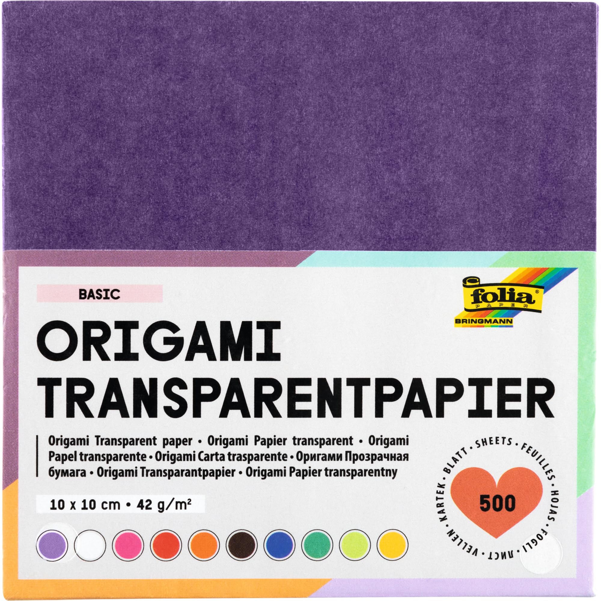 folia 825/1515 - Transparentpapier - Faltblätter, 15 x 15 cm, 500 Blatt, 42 g/qm, sortiert in 10 Farben - ideal für wunderschöne Faltfiguren und -formen