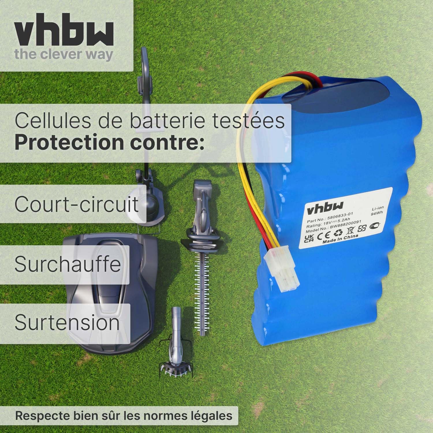 vhbw Bloc de Batteries Compatible avec Husqvarna Automower 550 (Jusque 2019/2020), 520 (Jusque 2019/2020) Robot Tondeuse (5200mAh, 18V, Li-ION)