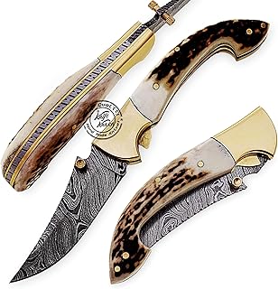 Beautiful Stag Horn 7.25" Damascus Steel Folding Pocket Knife with Brass Bolster, 100% Prime Quality - Knife Knation