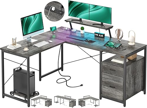 Unikito Escritorio en forma de L con cajón de archivos y toma de corriente, escritorio de esquina reversible en forma de L con estante para monitor,