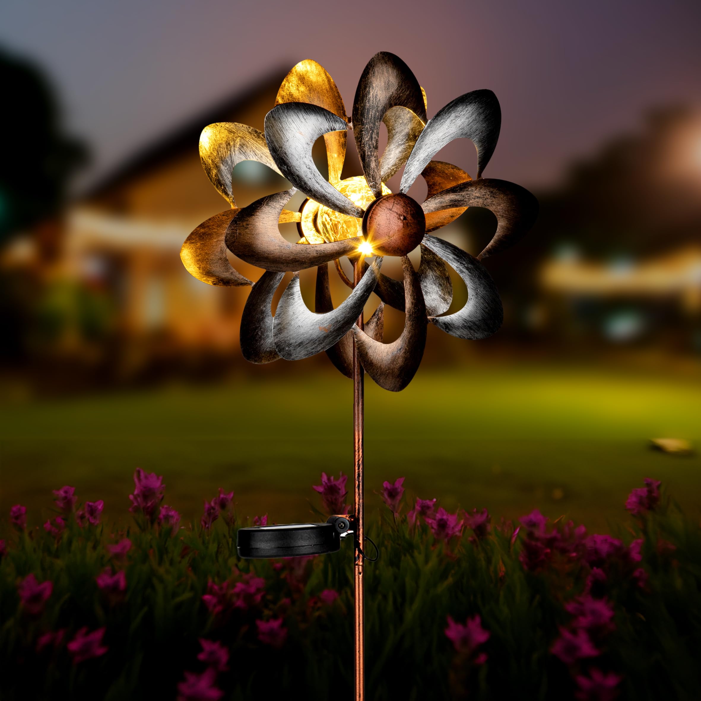Podwójny metalowy młynek wiatrowy, Ø 23 cm, dekoracja ogrodowa z podświetleniem LED, ciepłe białe światło, dzwonek wiatrowy