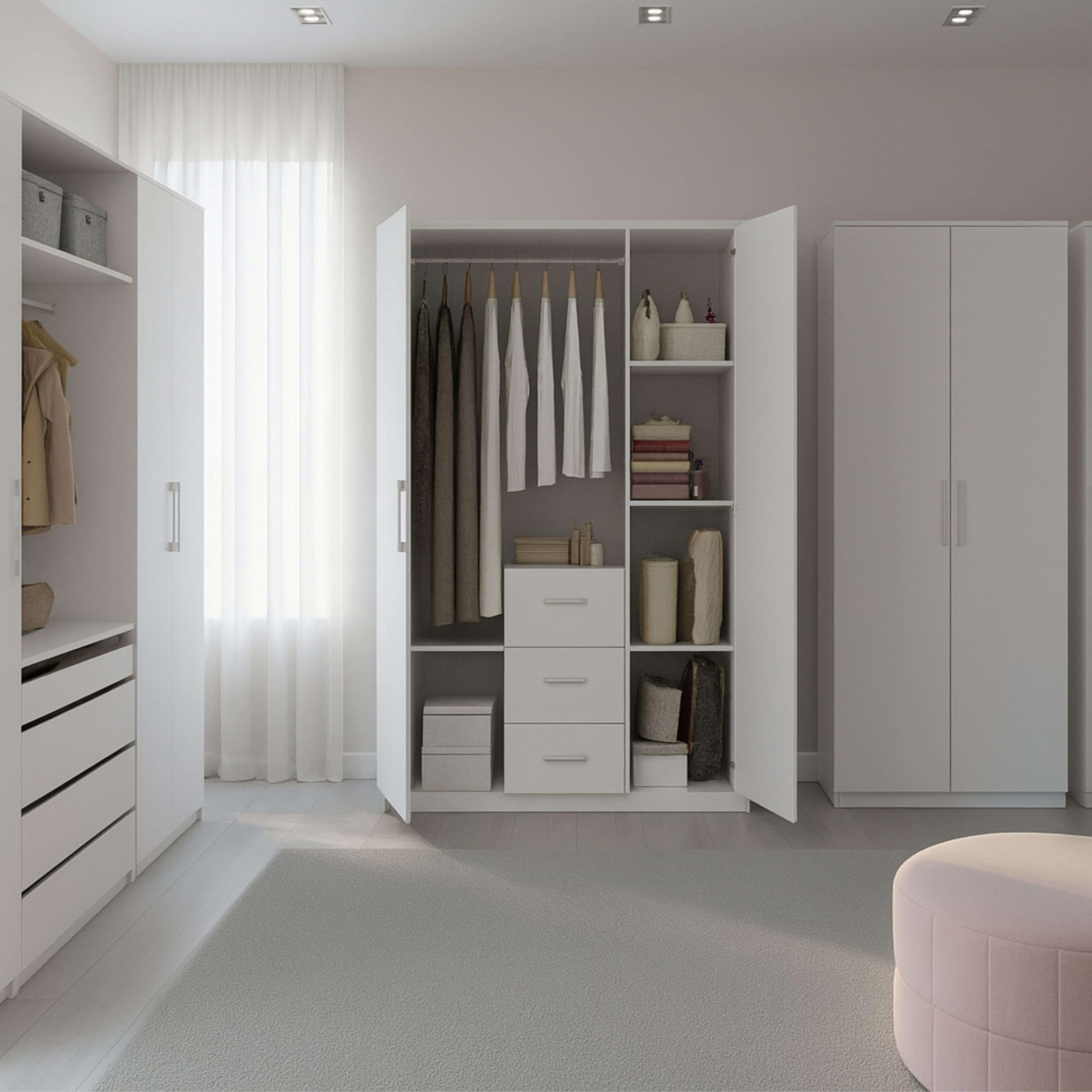Habitdesign Armario Ropero 3 Puertas y 3 cajones, 203x117x52 (AltoxAnchoxFondo - en Cm), con Barra Colgadora y Estantes, Color Blanco Brillo