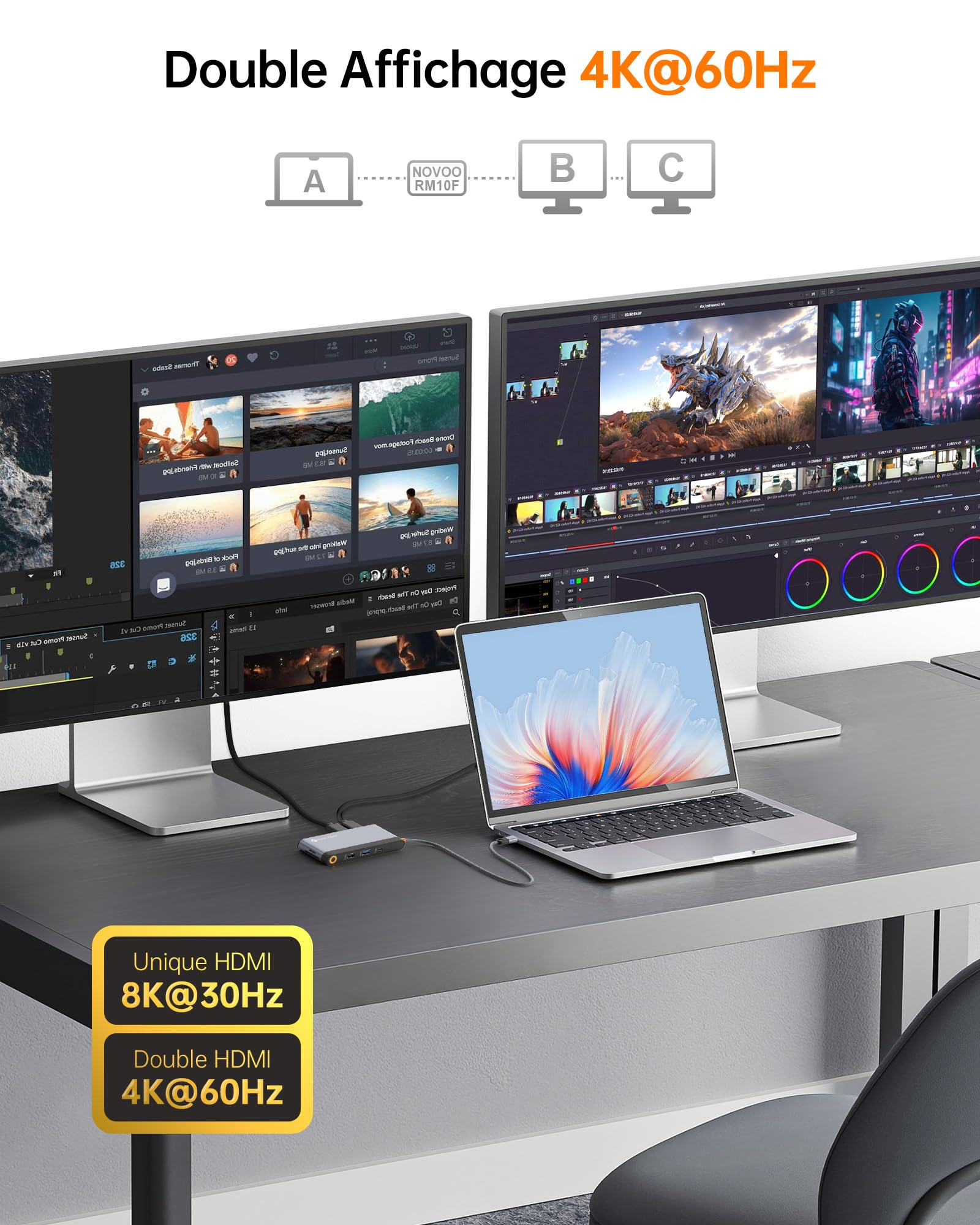NOVOO Stacja dokująca 10 w 1, stacja dokująca Dual HDMI, stacja dokująca USB C, Multiport na 2 HDMI 8K, Gigabit Ethernet, PD 100 W, SD, TF, 3 porty USB do Microsoftu, Macbooka, HP, Dell, Lenovo