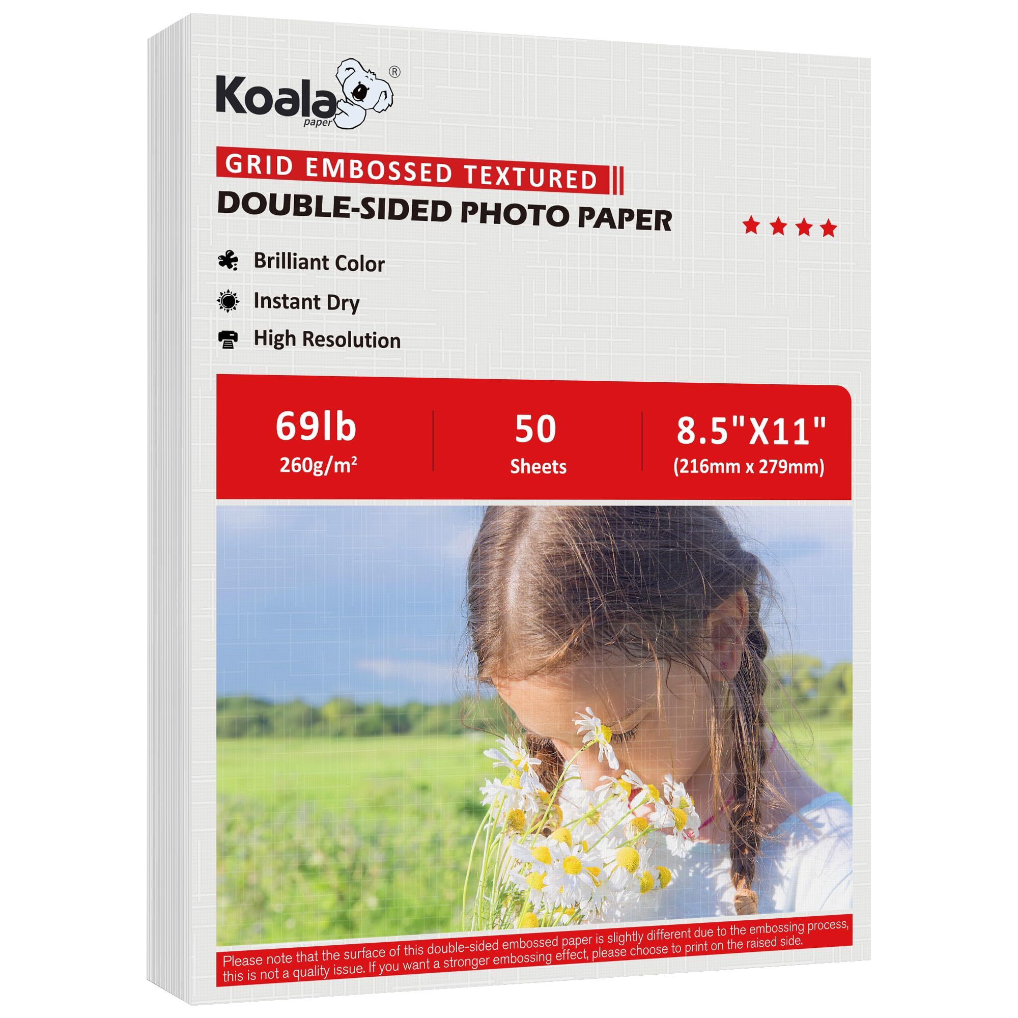 Koala Thick Grid Embossed Textured Double-sided Photo Paper 8.5x11 Inches 69LB Heavyweight 50sheets 260GSM Compatible with Inkjet Printer