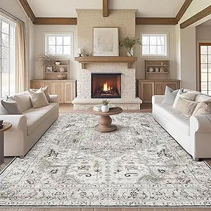 Madane 6x9 Area Rugs for Living Room, Stain Resistant Washable Rugs, Non-Slip Backing Area Rug, Vintage Home Decor Rug for Bedroom (Ivory/Brown, 6'x9')