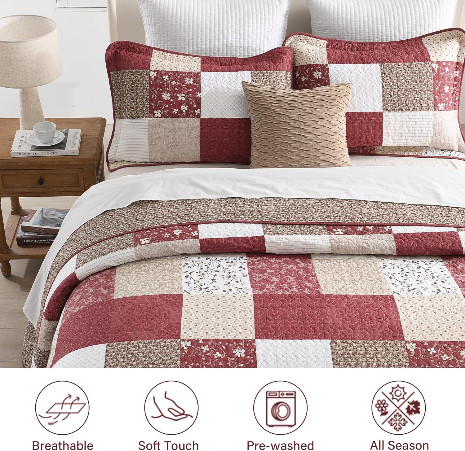 100% Cotton Oversized King Bedspread 120"x120" - Lightweight Vintage Country Quilt - 3 Piece California King Bedspreads Coverlet Set - Reversible Plaid Floral Bedding in Burgundy/Beige/Taupe/White